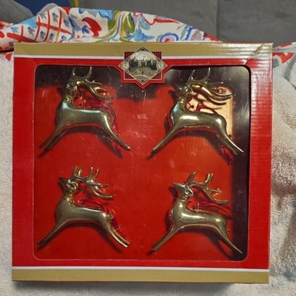 Set 4 Silver Plated Heavy Reindeer Christmas Ornament Gordon Scott